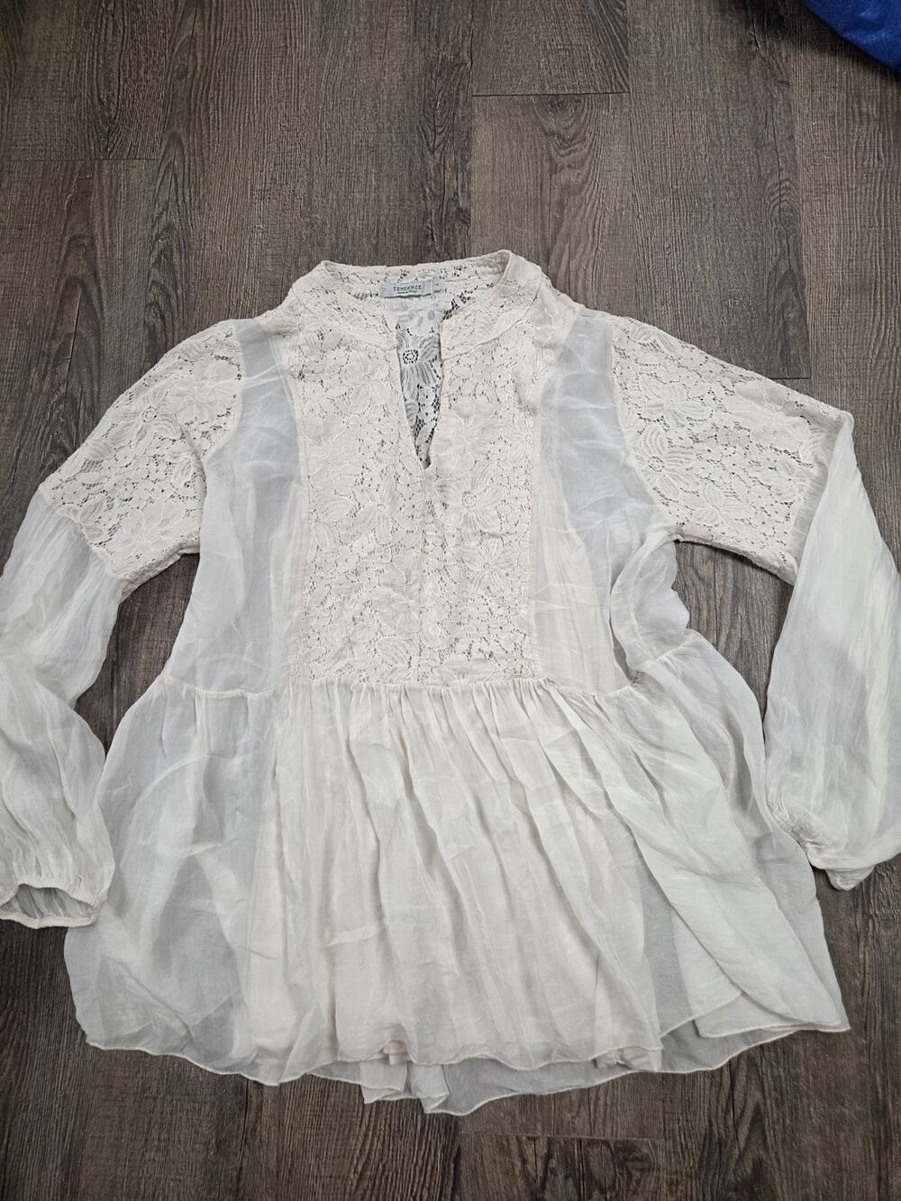 TENDENZE Italy Women 100% Silk Top Blouse Large Ivory Lace Layered Shirt